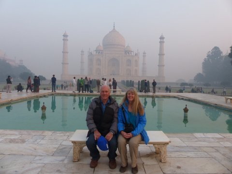 Susie and Bill at Taj Mahal in fog, Agra